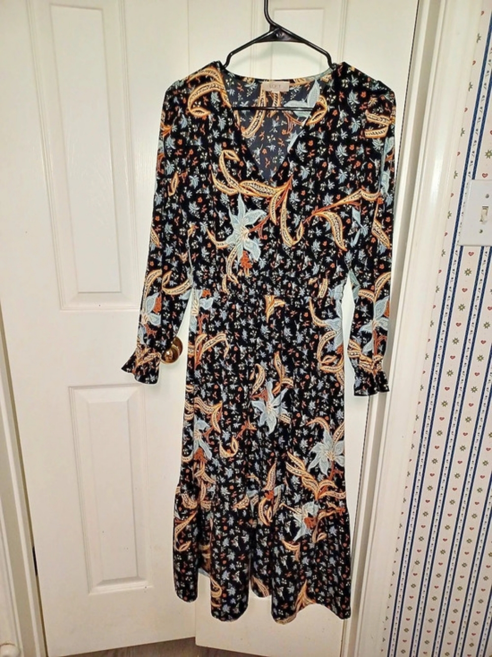 LOFT Paisley Midi Dress in Black & Orange Size XS Like New